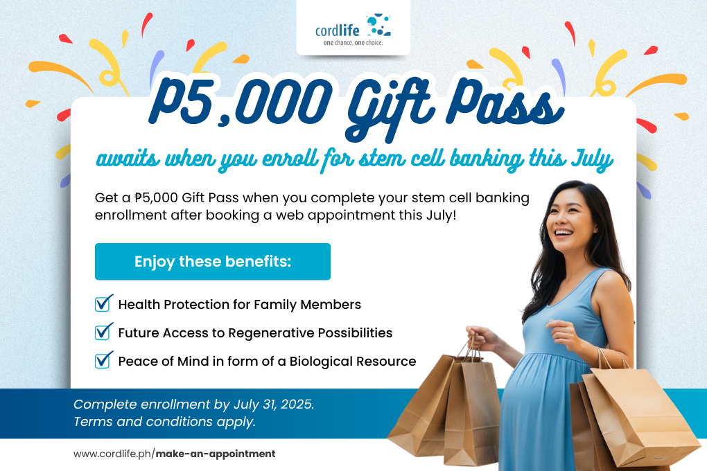 📲 Book a FREE consultation with a Cordlife representative and get a ₱5,000 Gift Pass when you enroll for stem cell banking this July! 💙🧬