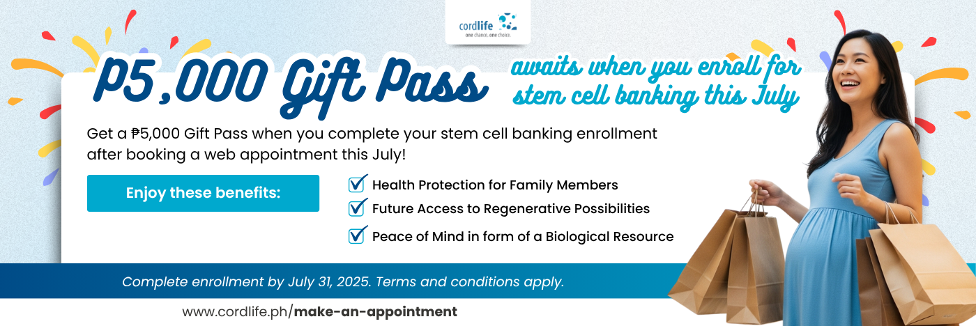 📲 Book a FREE consultation with a Cordlife representative and get a ₱5,000 Gift Pass when you enroll for stem cell banking this July! 💙🧬